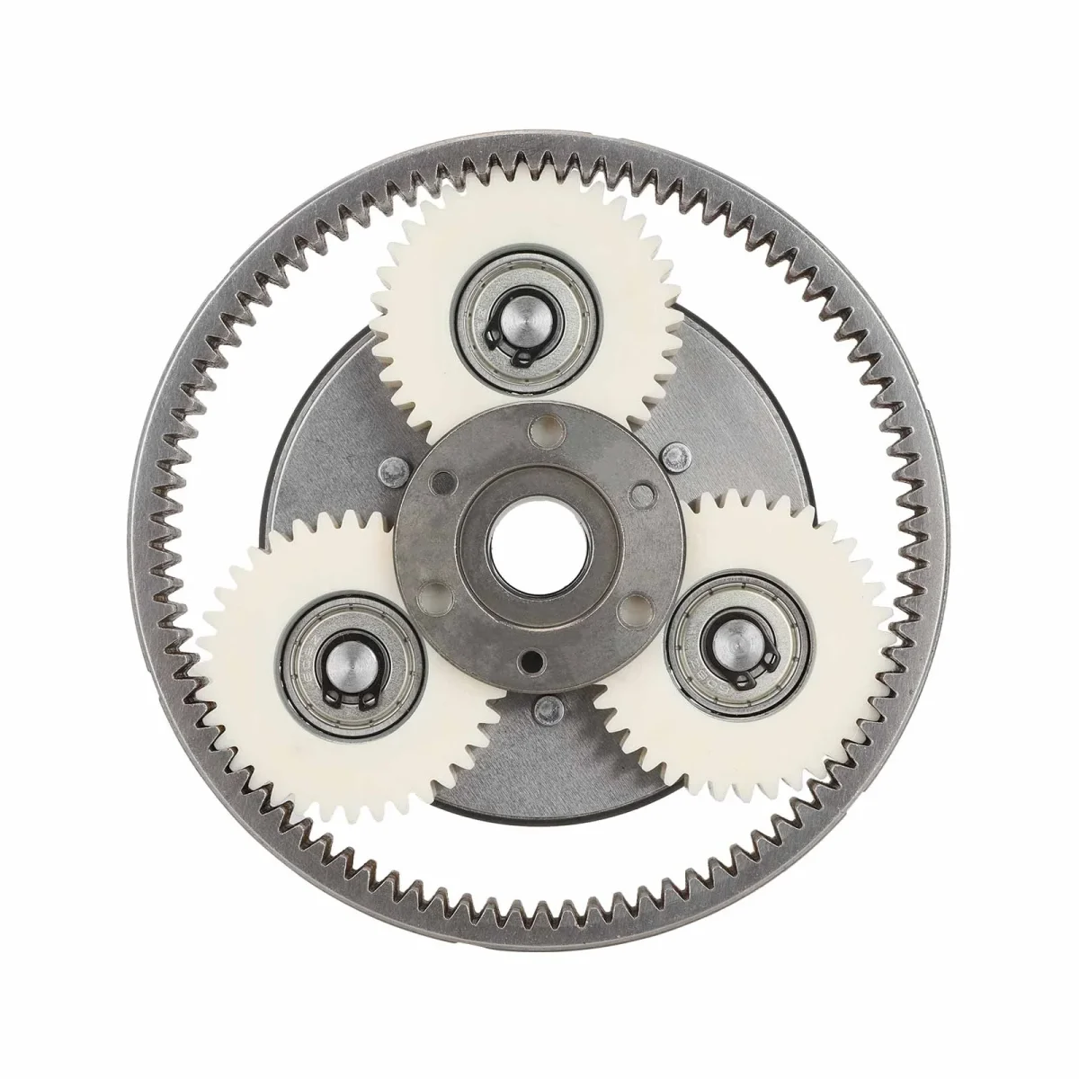 Reduktoriaus komplektas: 3 nailoniniai krumpliaračiai 36T, žiedas 90 mm, saulės krumpliaratis 18 mm, sankaba 88 mm (kairė)