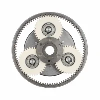 Reduktoriaus komplektas: 3 nailoniniai krumpliaračiai 36T, žiedas 90 mm, saulės krumpliaratis 18 mm, sankaba 88 mm (kairė)