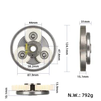 Reduktoriaus komplektas: 3 nailoniniai krumpliaračiai 36T, žiedas 90 mm, saulės krumpliaratis 18 mm, sankaba 88 mm (kairė)
