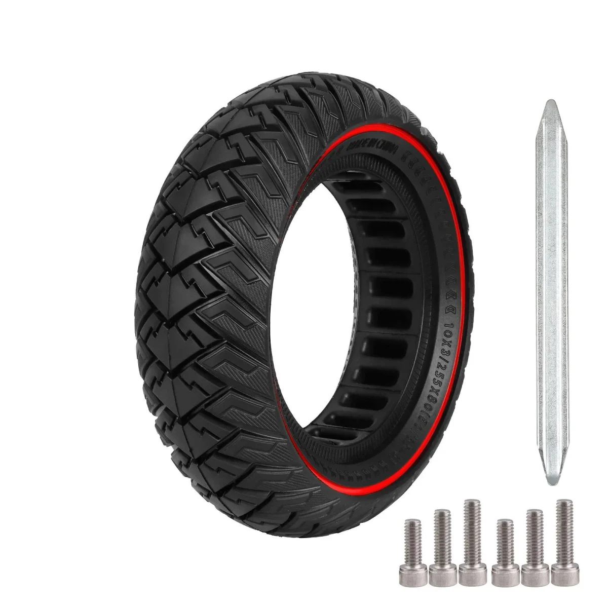 Pilnavidurė off-road padanga 10x3 (255x80) su raudonu žiedu + 6 varžtai + montuotė