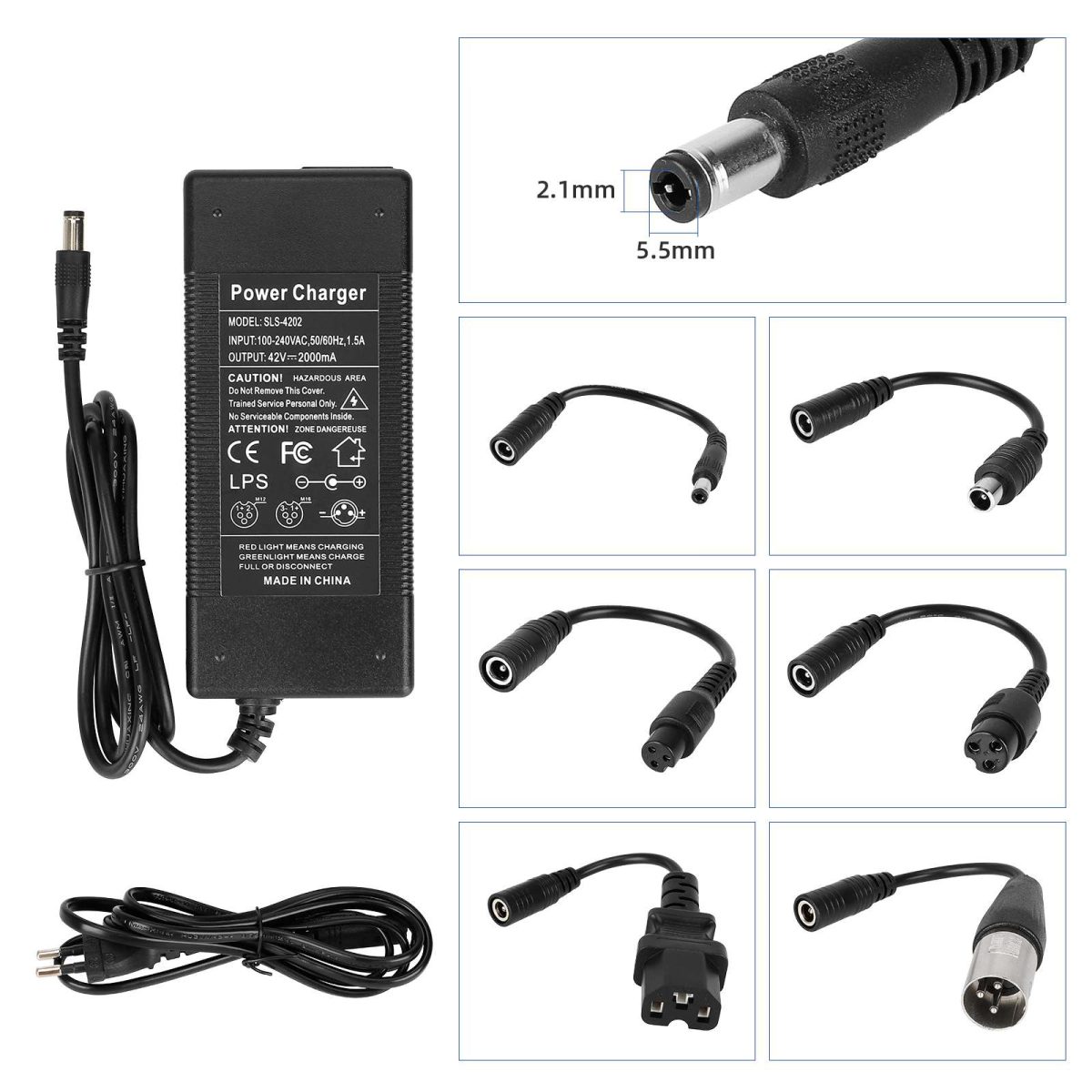 Įkroviklis 42V 2A DC 2.1 su 6 adapteriais (EU kištukas)