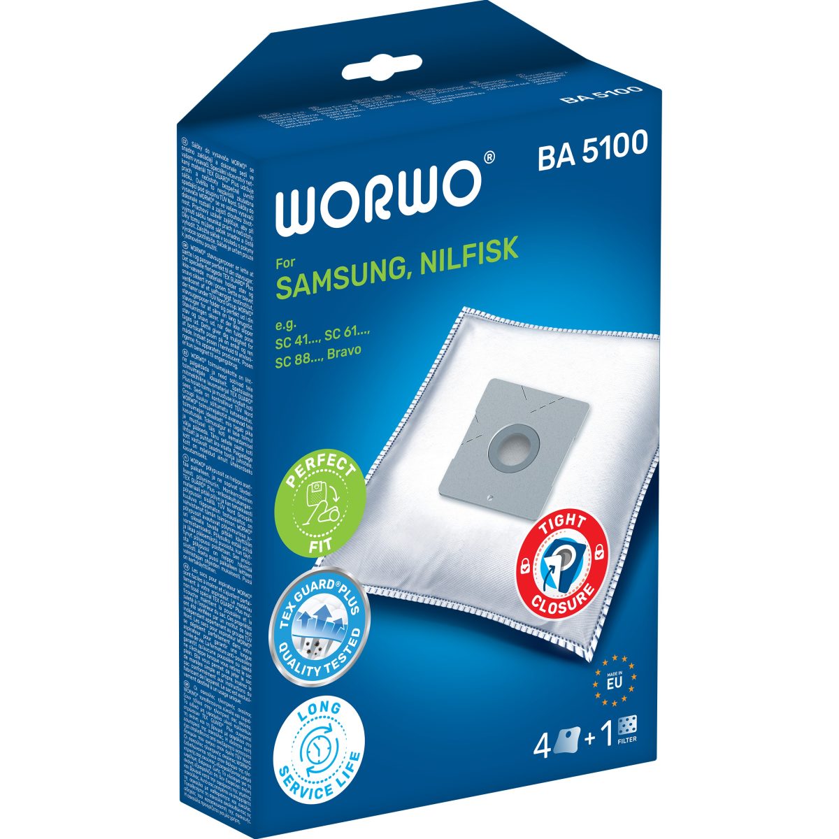 WORWO BA5100/4 TEX guard EU25 dulkių siurblių maišeliai